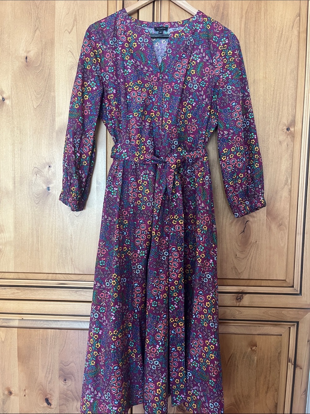 Talbots Burgundy Floral Tie-Waist Midi Dress